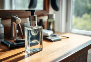 Une bouteille de verre remplie de lotion après rasage sur un meuble de toilette en bois, éclairée par la lumière naturelle.