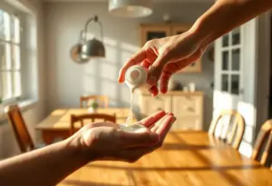 Une main verse une lotion dans une autre main dans une cuisine bien éclairée