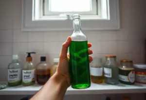 Une main tenant une bouteille contenant un liquide vert