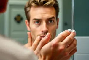Une main applique une crème antifatigue sur le visage dans une salle de bain