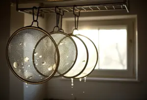 Un jeu de passoires en acier inoxydable accrochées sur une barre de cuisine, avec des gouttes d'eau qui brillent sur leur maille