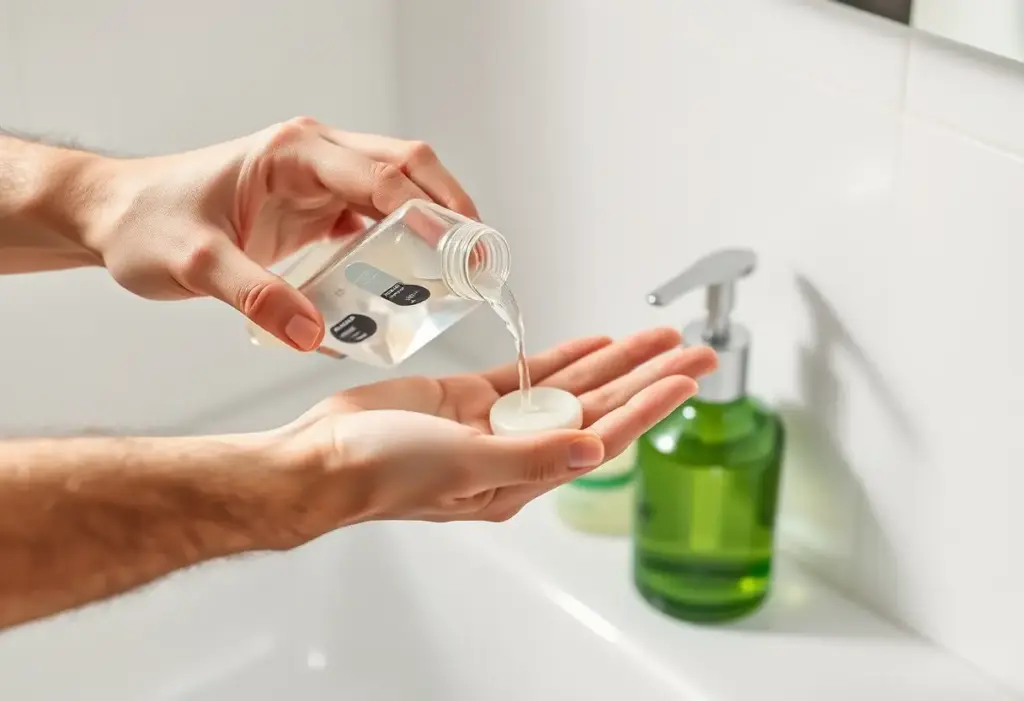Une main verse un liquide clair dans le creux de la main près d’un évier, pour hydrater les cheveux.