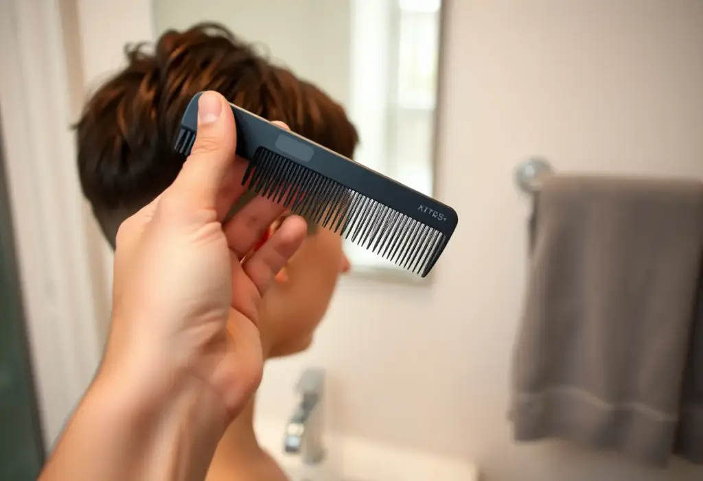 Une main tient un peigne pour discipliner une nouvelle coiffure courte