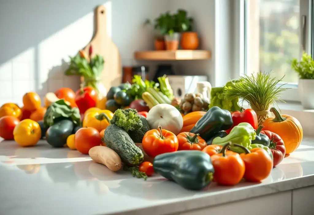 Un plan de travail rempli de fruits et légumes pour une alimentation saine