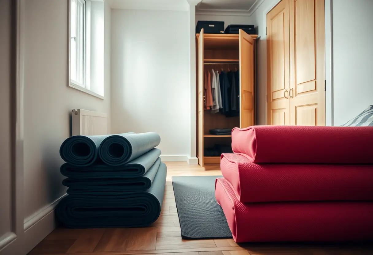 Un tas de tapis d'exercice dans une chambre témoignant de l'engagement physique
