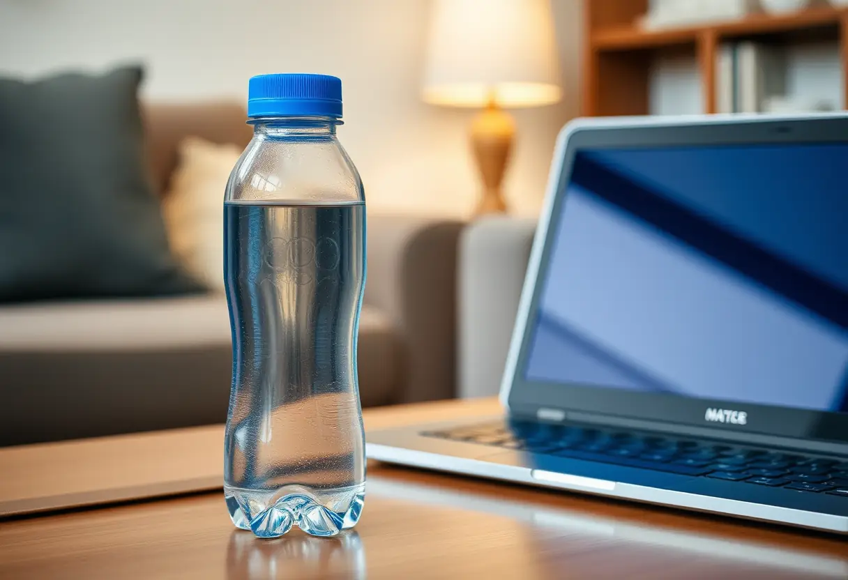 Bouteille d'eau à moitié pleine sur une table dans un salon accueillant