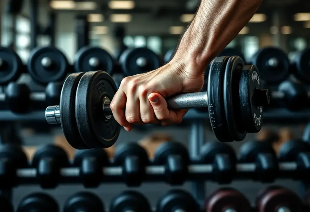 Main de l'homme tenant une barrette avec poids dans une salle de sport