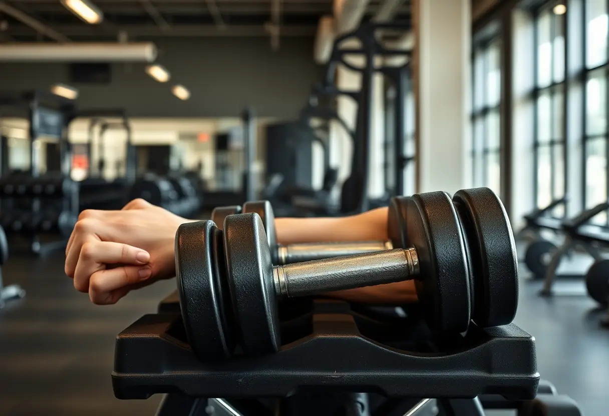 Des haltères reposent sur un porte-haltères dans un gymnase, soulignant l'importance de modeler les bras
