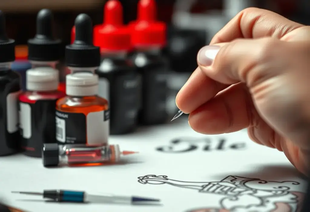 Un espace de tatouage avec des bouteilles d’encre et une aiguille unique, pour un tatouage avant-bras original