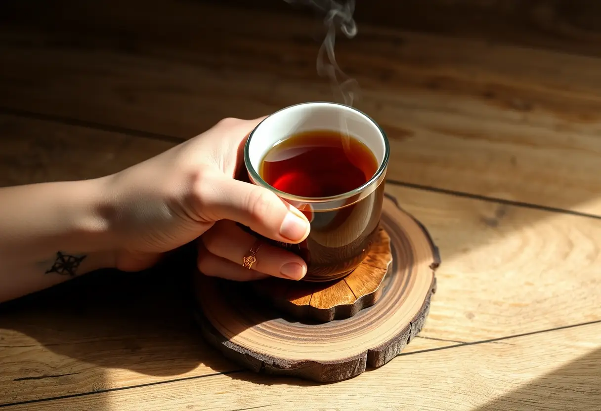 Main tenant une tasse de thé herbeux fumant, avec un tatouage discret d'un compas sur l'avant-bras. Lumière naturelle.