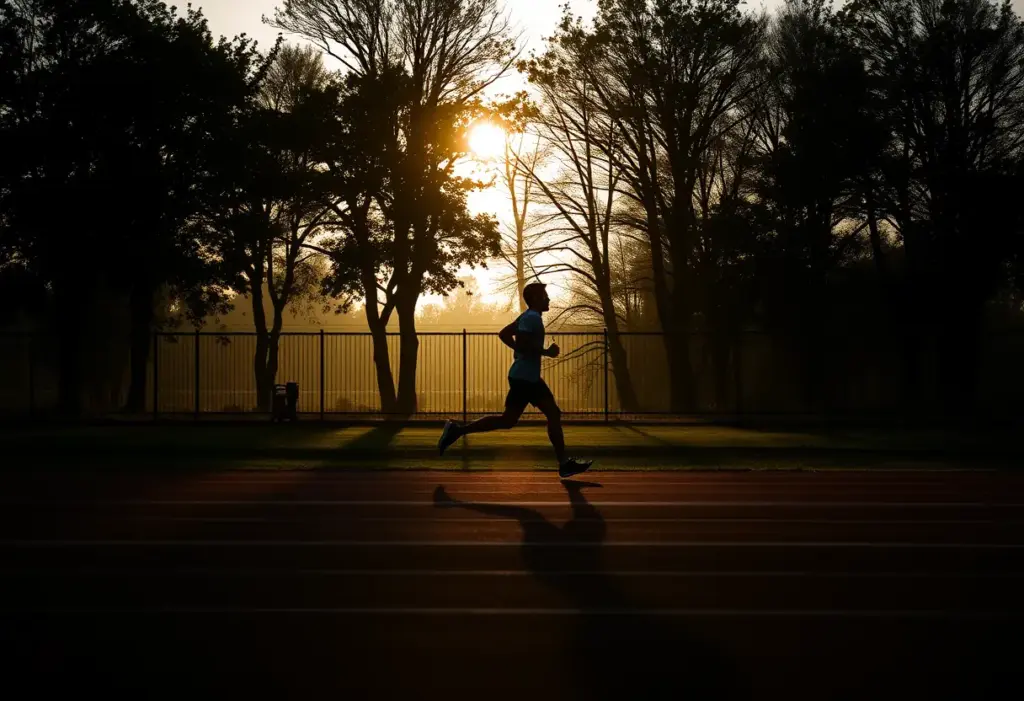 Un coureur silhouetté sur un stade, lumière matinale