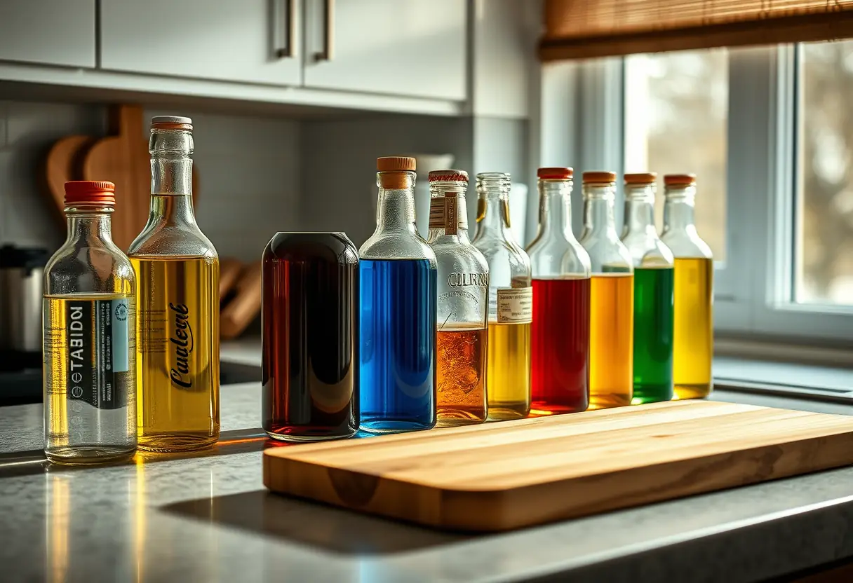 Un comptoir de cuisine avec des bouteilles en verre et un plan de travail en bois, lumière douce
