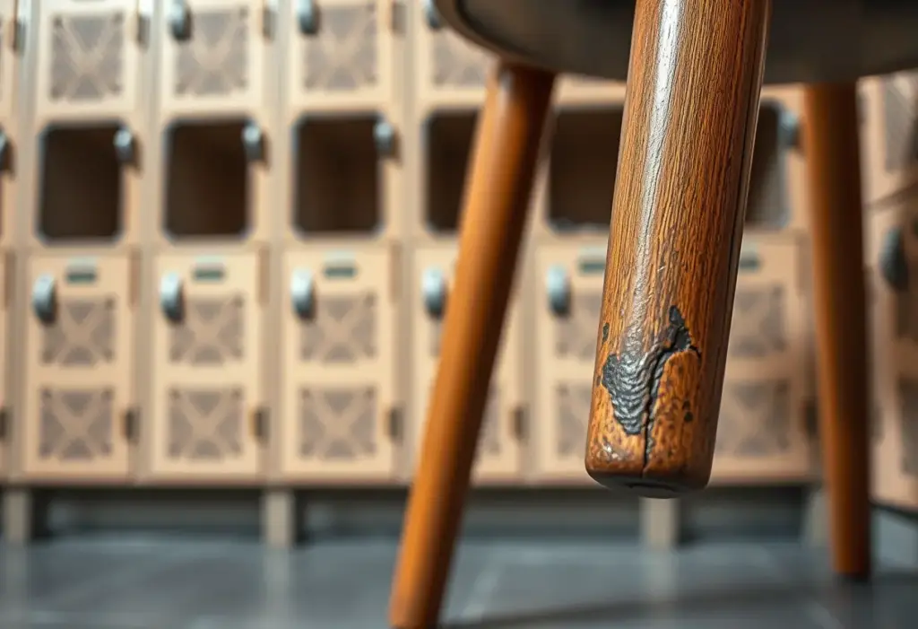 Un pied de chaise en bois dans une salle de repos d'un gymnase