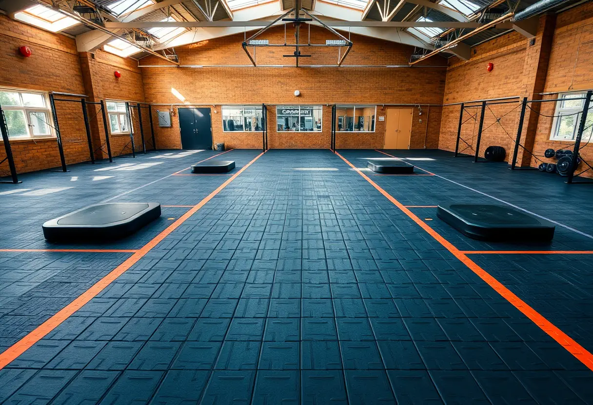 Un sol de gymnase recouvert de dalles en caoutchouc