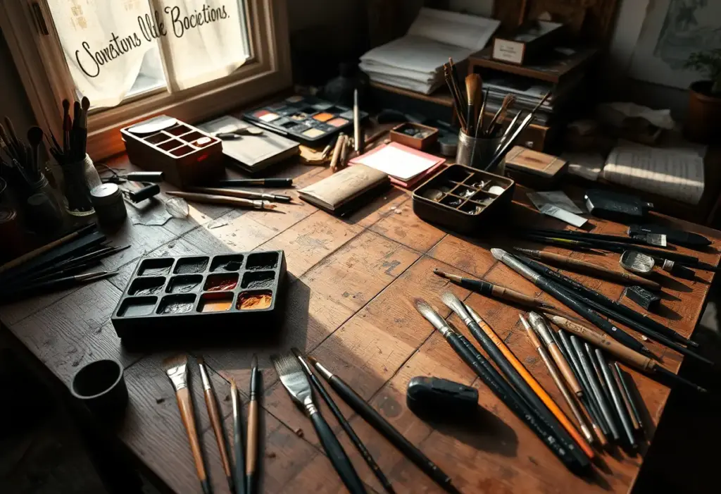 Table en bois chargée de palettes d’encre et de pinceaux, lumières créent des ombres sur les outils