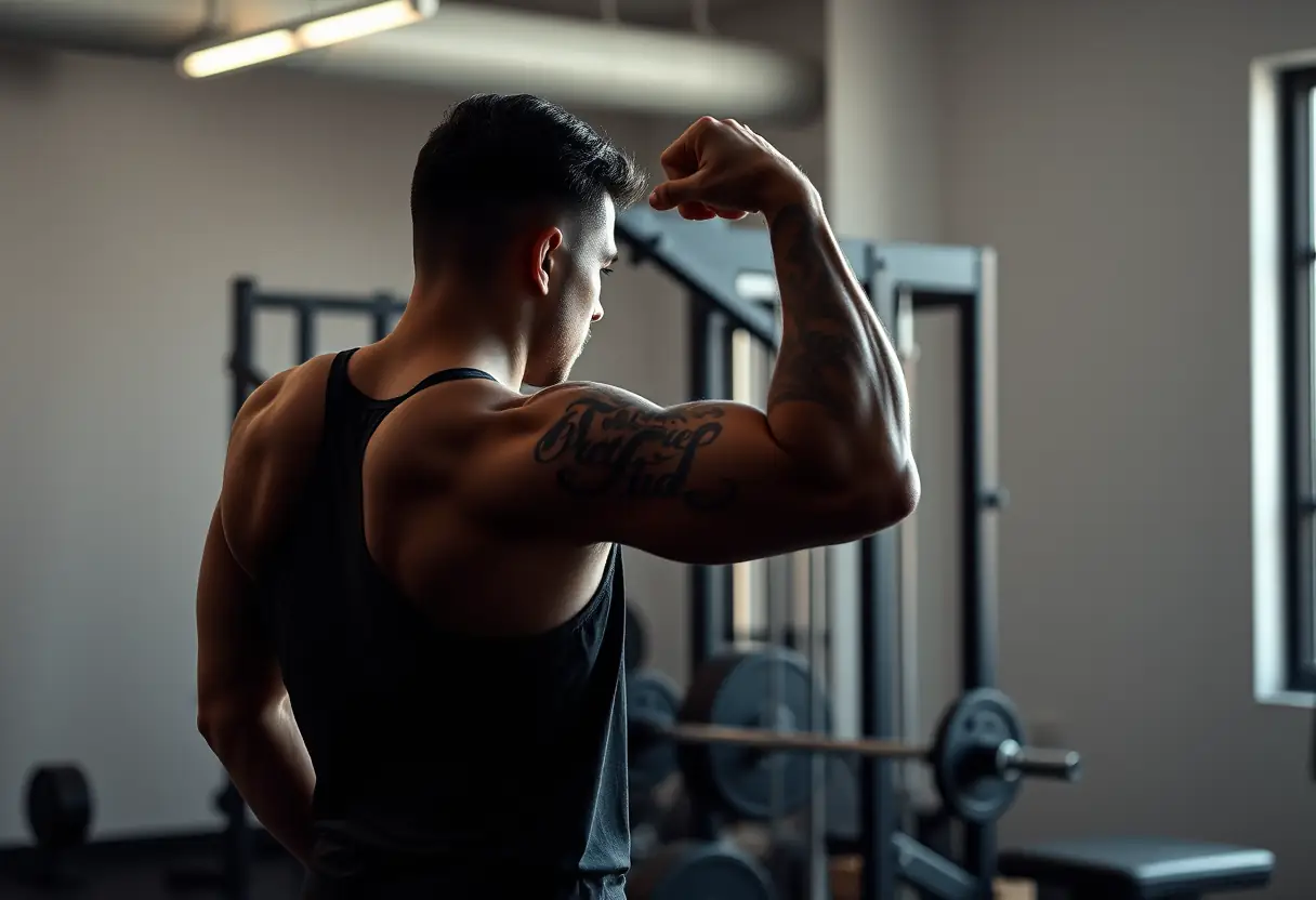 Silhouette d'homme dans un gymnase, son bras tatoué se contracte près des haltères, la lumière naturelle souligne les muscles et l'encre