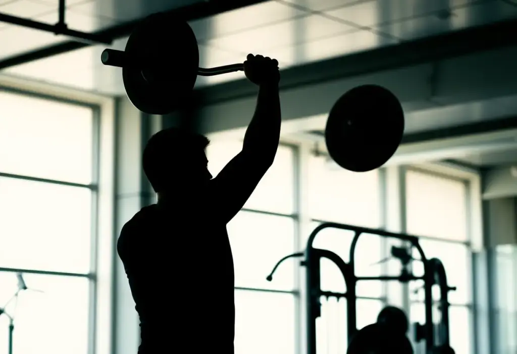 Une silhouette soulignant l'effort physique dans un gymnase, se concentrant sur le développement musculaire de son avant-bras tatoué.