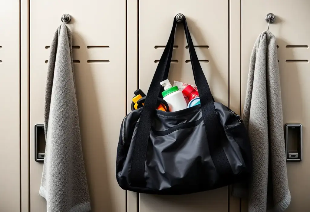 Une trousse de sport accrochée à une porte de casier dans une salle de sport