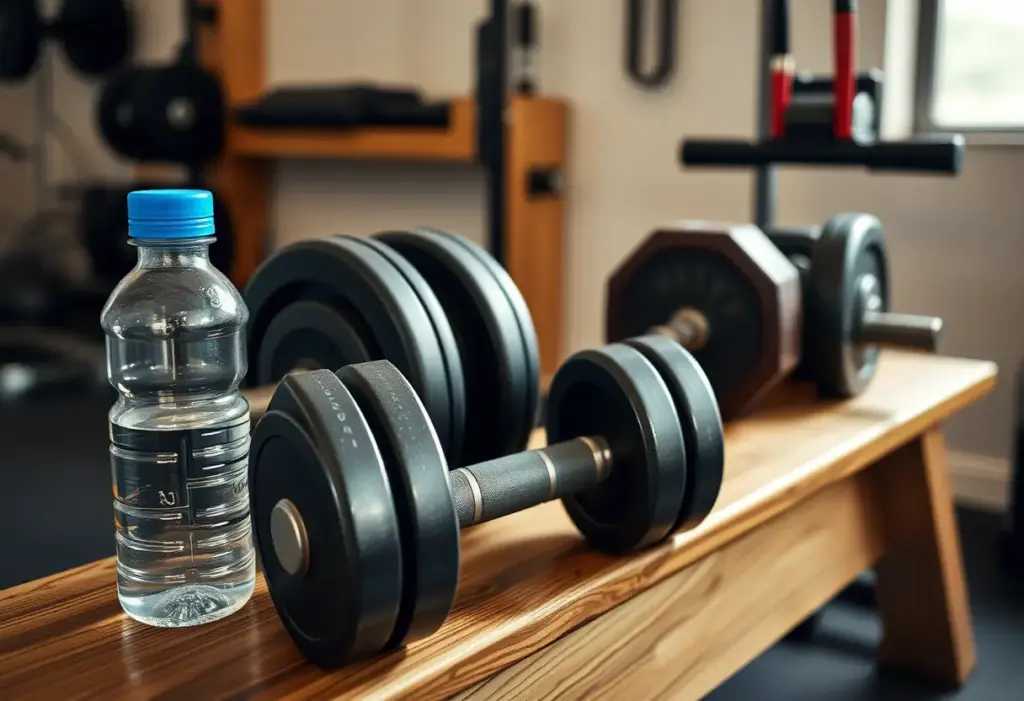 Poids de musculation posés sur un banc à la maison, outils de fitness