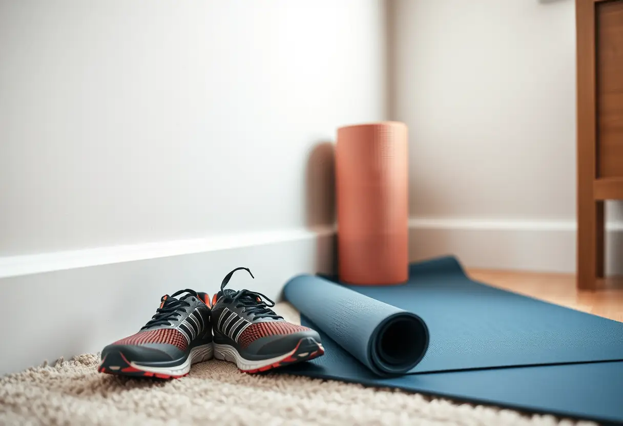 Chaussures de course et tapis de yoga dans une chambre, diversité des exercices
