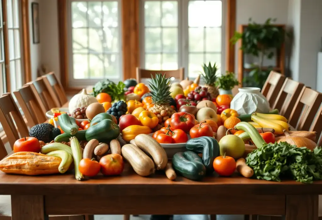 Un grand plateau de fruits et légumes symbolisant une alimentation équilibrée