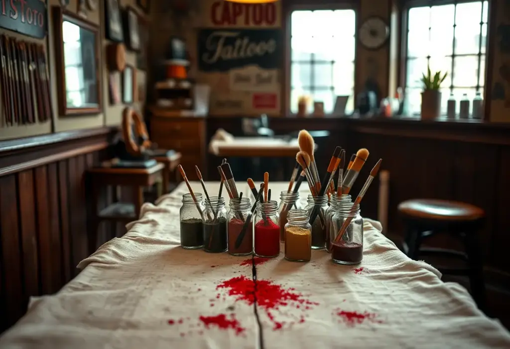 Un comptoir rempli de pots de poudres colorées dans un salon de tatouage