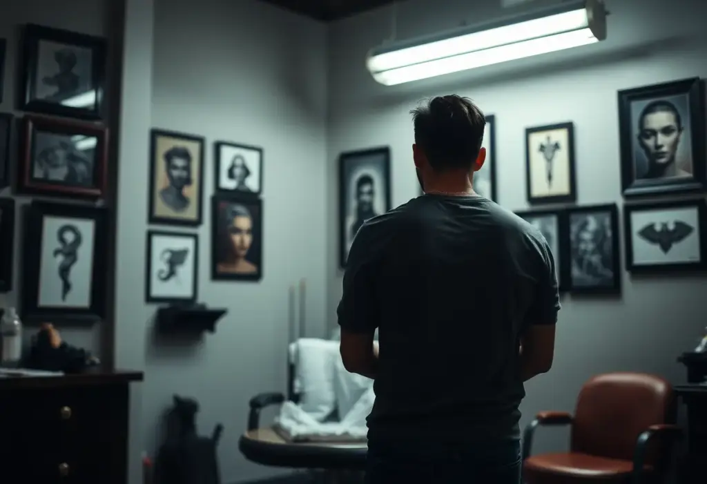 Silhouette debout près d'un fauteuil dans un studio de tatouage bien éclairé