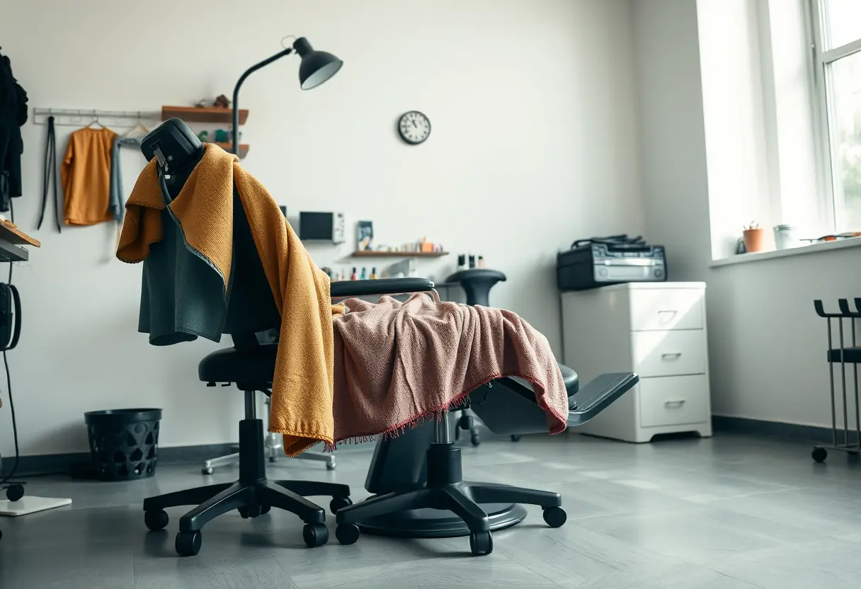 Une chaise de tatoueur dans un studio, recouverte de serviettes colorées