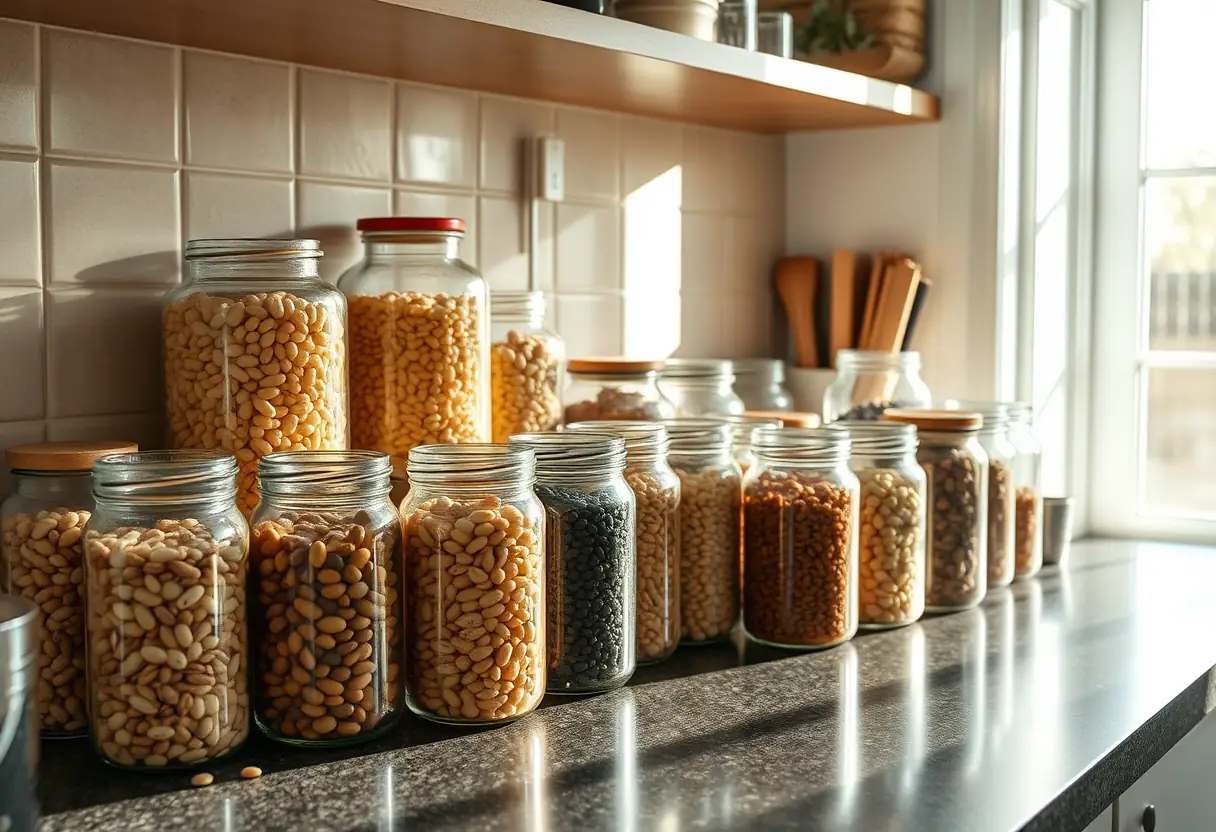Pois secs variés sur un plan de travail en cuisine