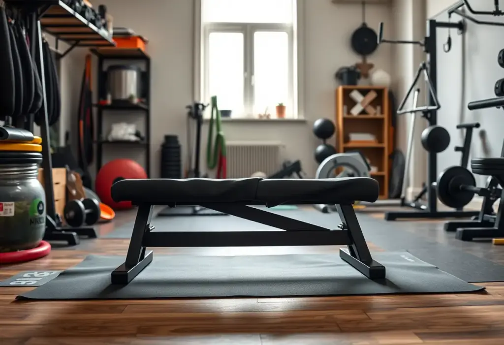 Un banc de musculation recouvert d’un tapis noir dans un home gym