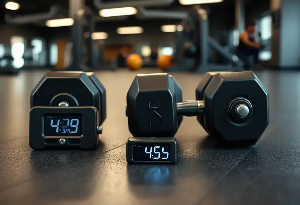 Un ensemble de haltères bien alignés dans un gymnase