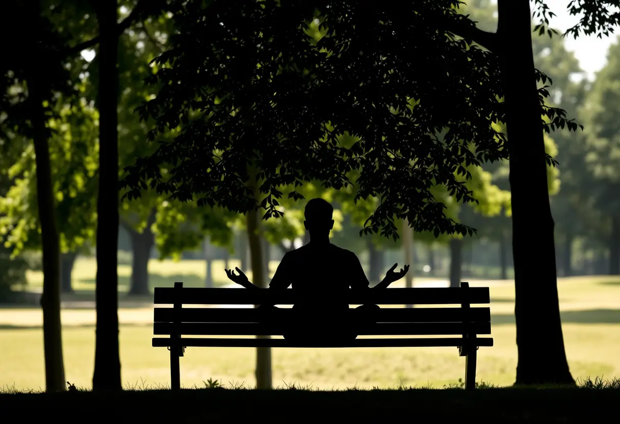Une personne méditant sur un banc de parc