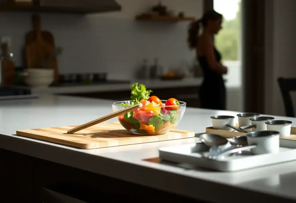 Un plan de travail de cuisine avec des légumes colorés dans un bol, des cuillères à mesurer et une personne préparant un repas.