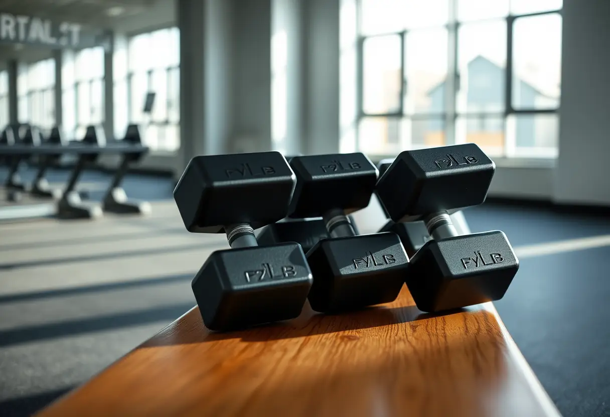 Poids de haltères sur un banc en bois dans une salle de sport