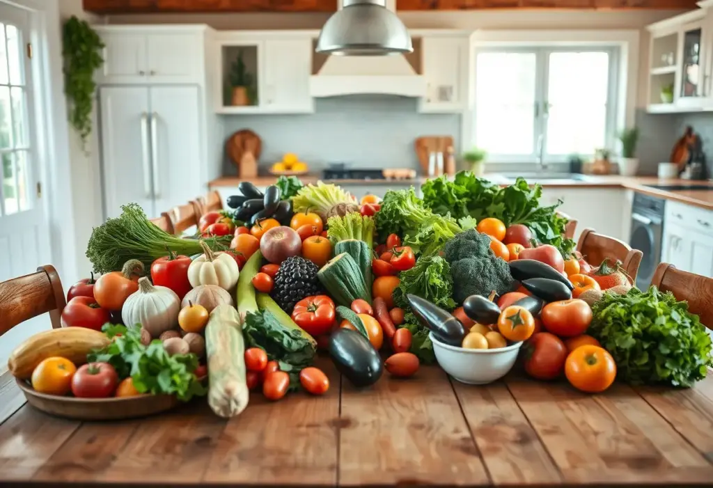 Un grand table en bois chargée de légumes et de fruits frais dans une cuisine bien éclairée.