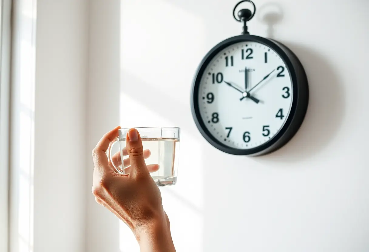 Des mains tenant un verre d'eau près d'une horloge analogique noire accrochée au mur, dans une pièce baignée de lumière naturelle.