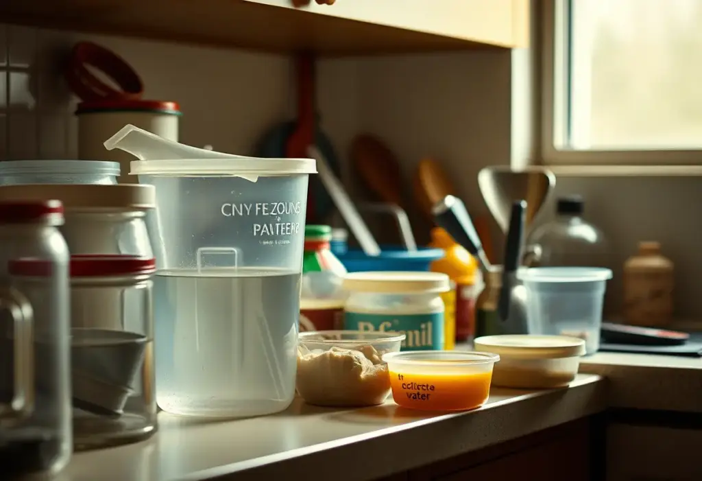 Un plan de travail de cuisine avec divers contenants et ustensiles, éclairé par une lumière intérieure chaude