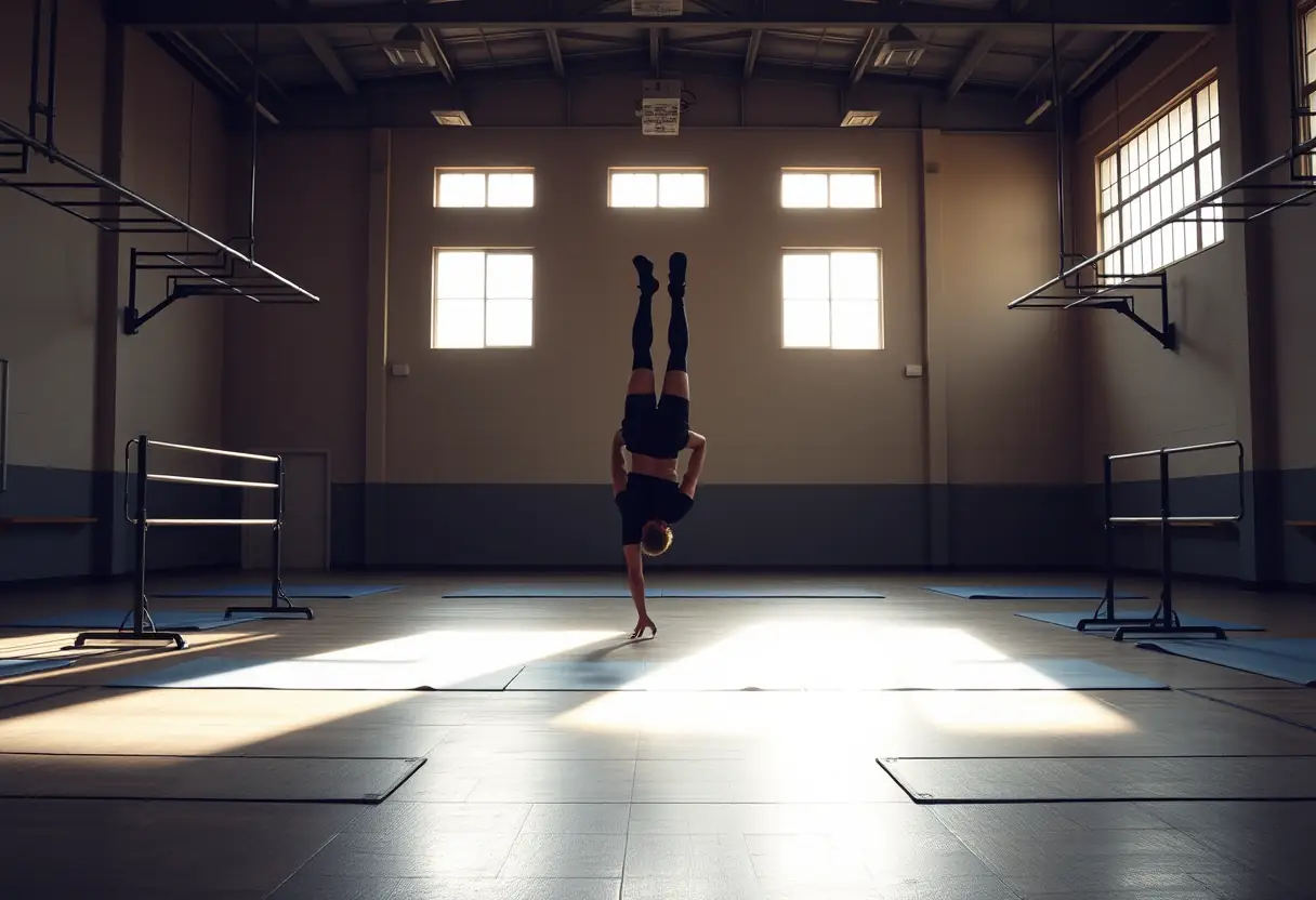 Un gymnase avec des barres parallèles et des matelas, une silhouette d'une personne pratiquant des tête en bas, lumière de l'après-midi