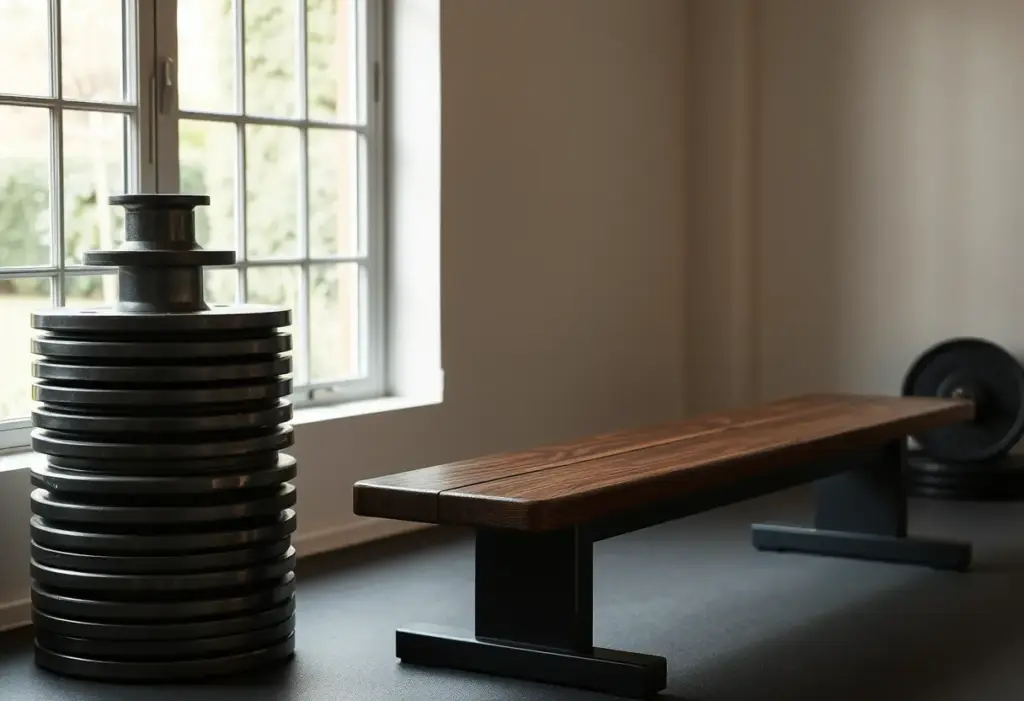 Un ensemble de poids métalliques près d'un banc dans un home gym