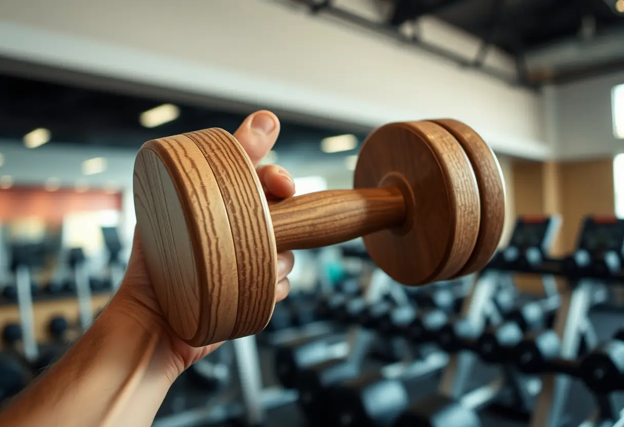 Main de sportif tenant un haltère en bois dans une salle de gym