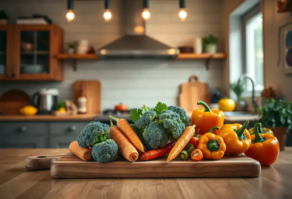 Un plan de travail avec des légumes variés sur un plateau de bois dans une cuisine bien éclairée.