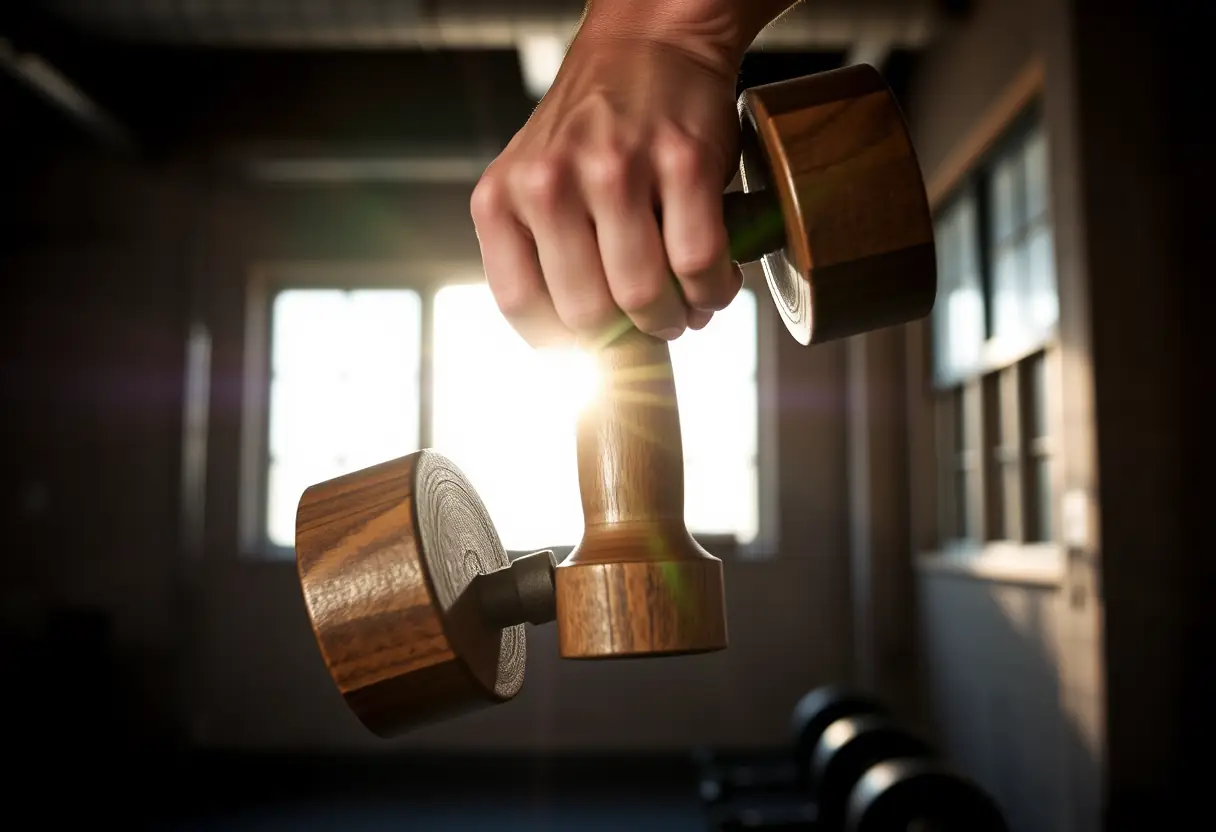 Une main tenant une barre de haltère en bois dans un gymnase