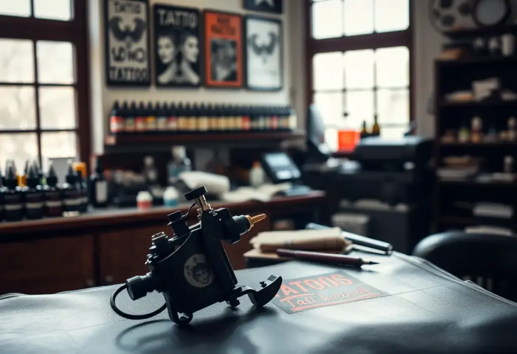 Un atelier de tatouage avec des bouteilles d’encre et une machine à tatouer