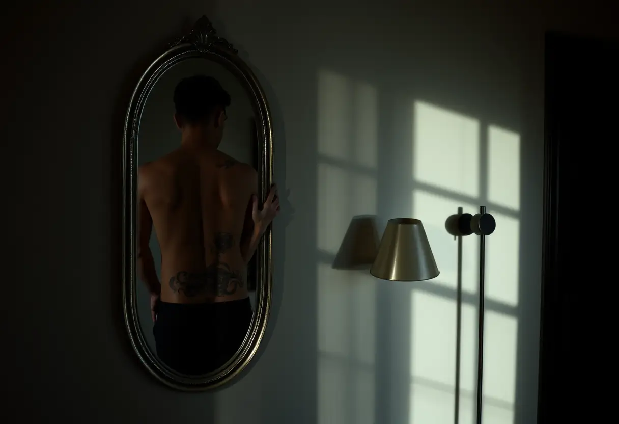 Un grand miroir monté au mur reflétant une partie d'un tatouage de dos, éclairé par une lampe
