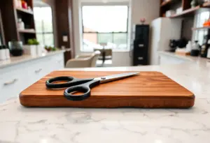 Des ciseaux posés sur un plan de travail en bois dans un salon bien organisé