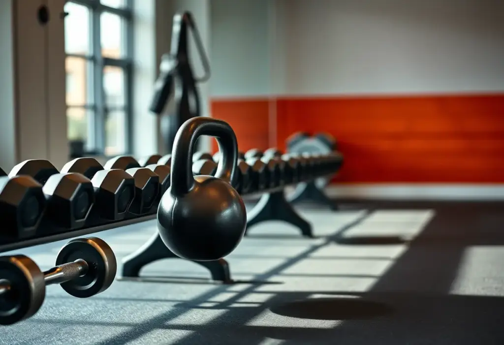 Un ballon de kettlebell en mouvement près d'une rangée de barres de dumbbells dans un home gym