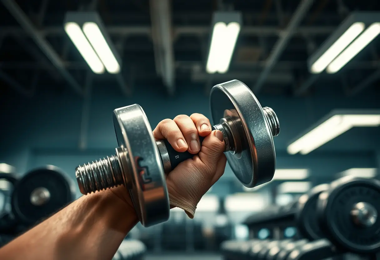 Main de fer soulevant un haltère dans une salle de sport