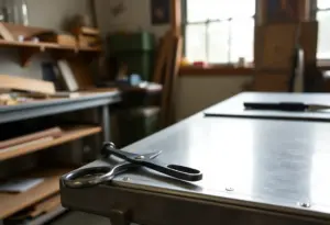 Des ciseaux posés sur une table métallique dans un atelier maison