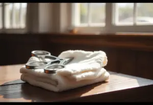Une paire de ciseaux posée sur un linge blanc, sur une table en bois, dans une pièce baignée de lumière naturelle.