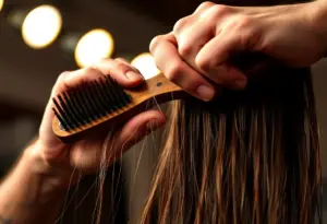 Main dehomme tenant un peigne en bois, brossant des cheveux longs